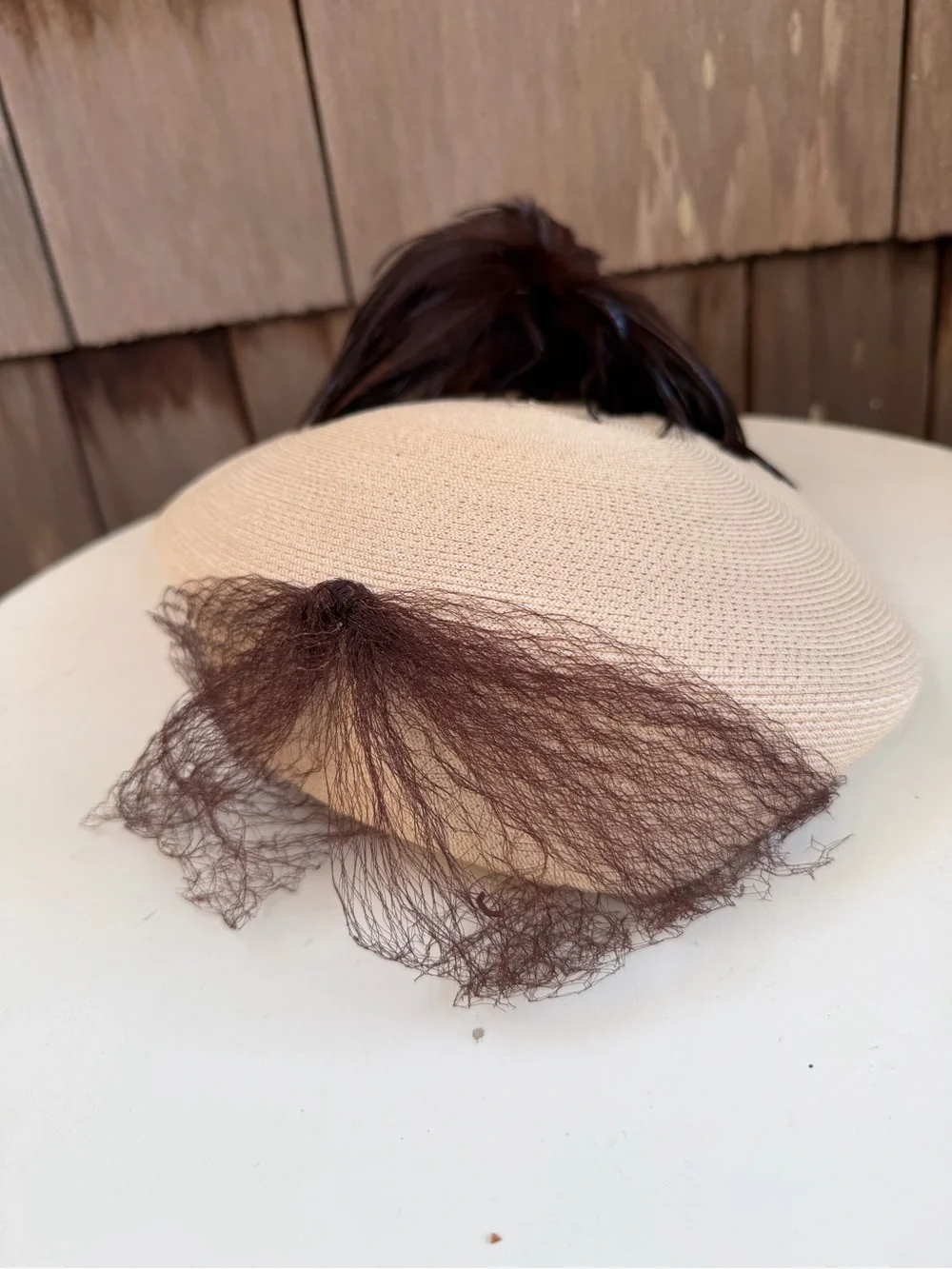 Vintage faux straw beige pillbox hat bows & brown feathers accent tassels 21.5”.